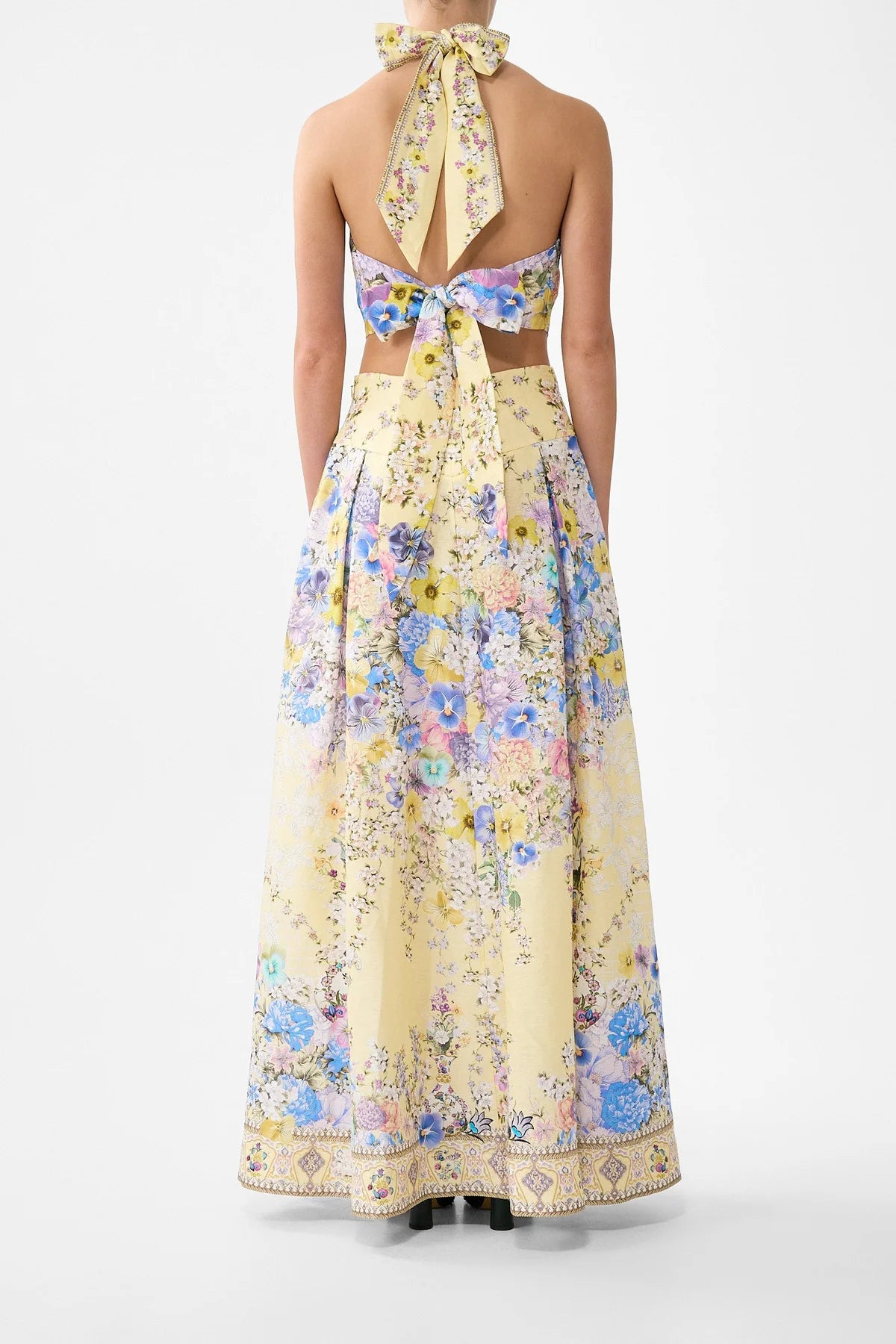 Darling Buds Sleeveless Floral Linen Silk Halter Tie Back Top in Yellow