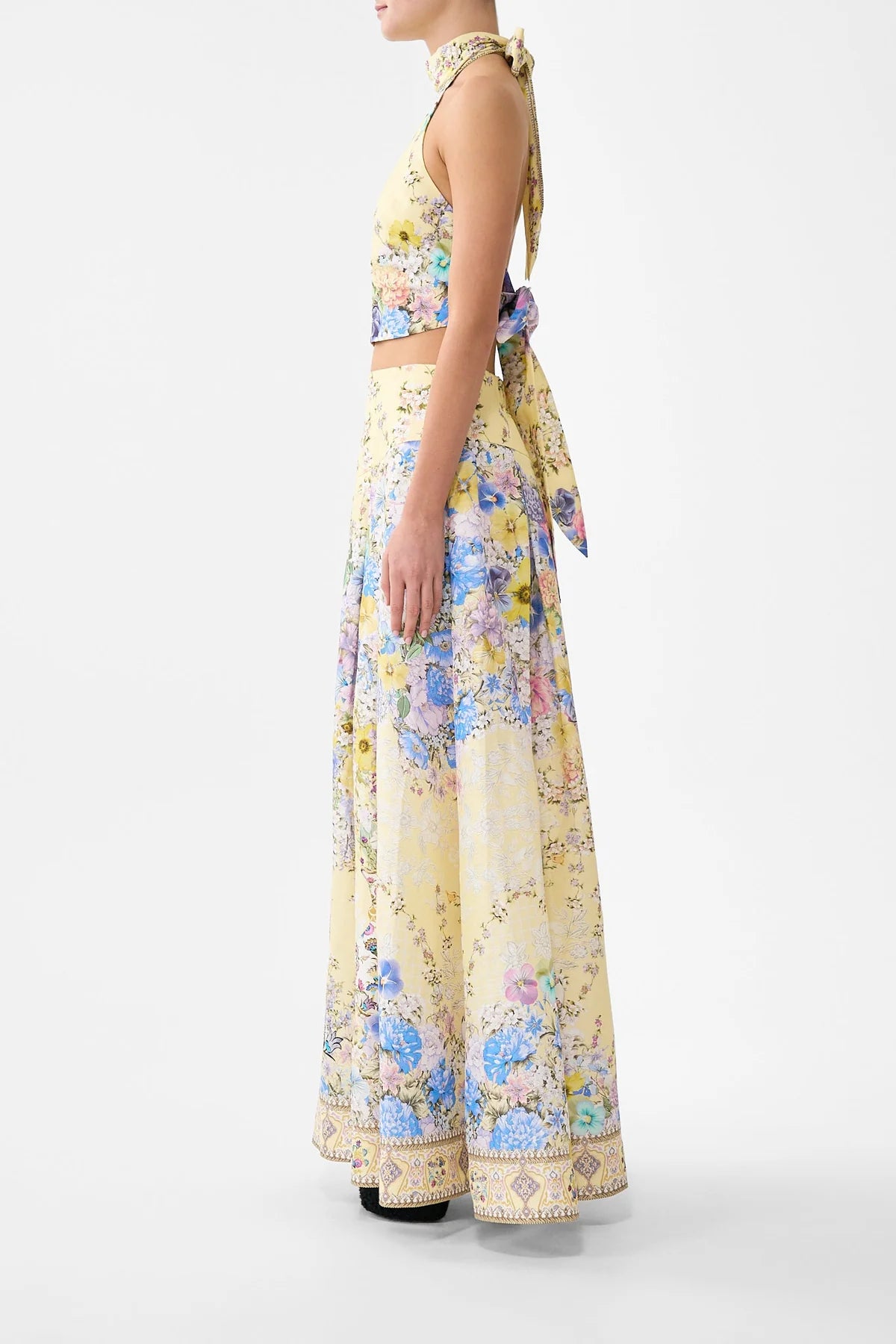 Darling Buds Sleeveless Floral Linen Silk Halter Tie Back Top in Yellow