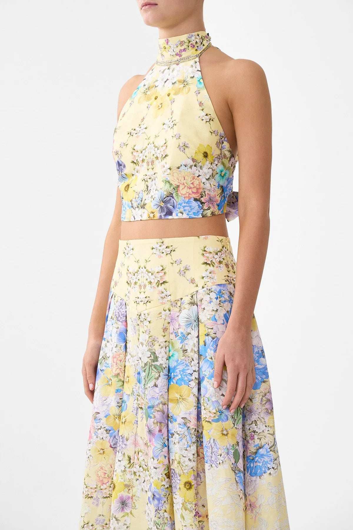 Darling Buds Sleeveless Floral Linen Silk Halter Tie Back Top in Yellow