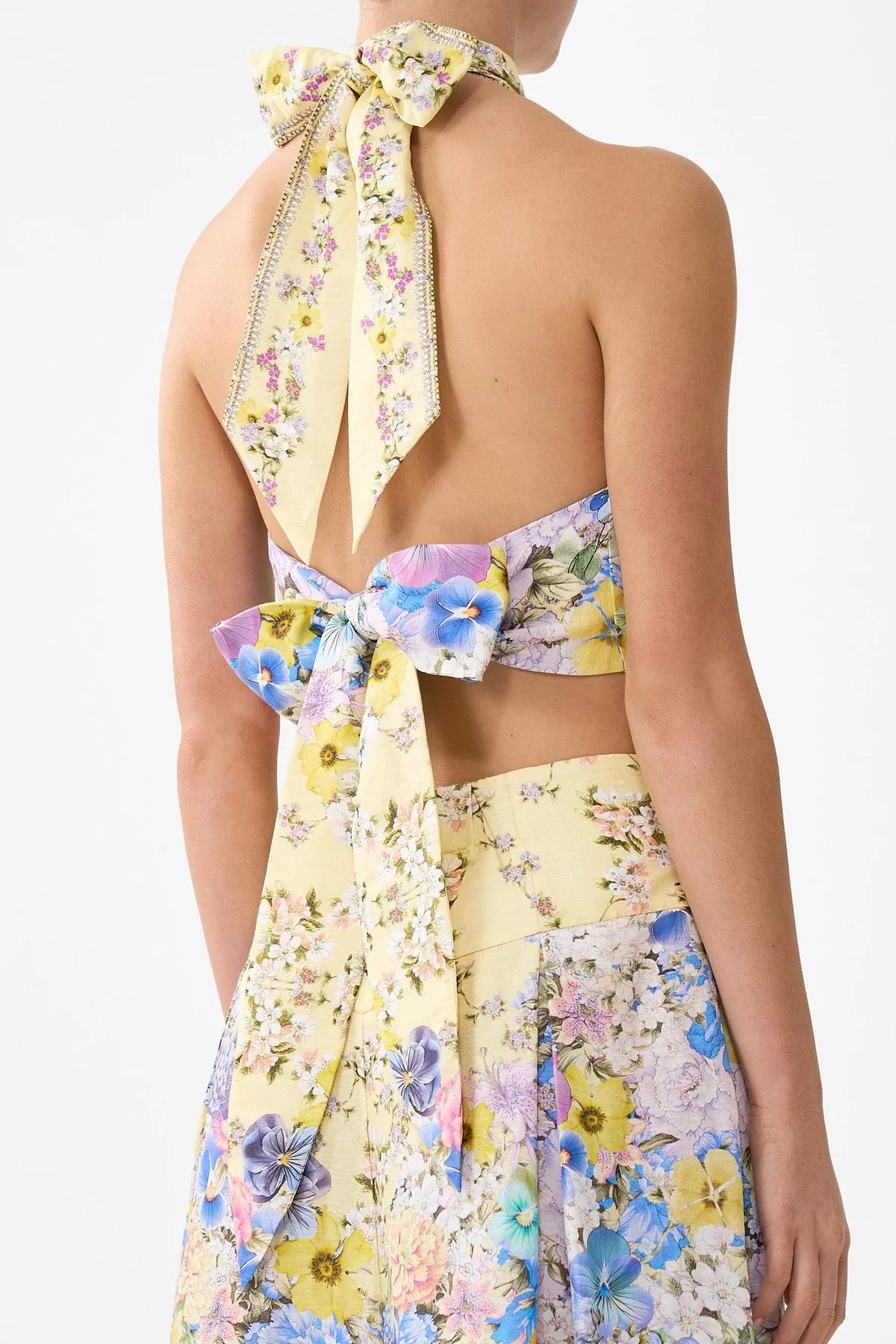 Darling Buds Sleeveless Floral Linen Silk Halter Tie Back Top in Yellow