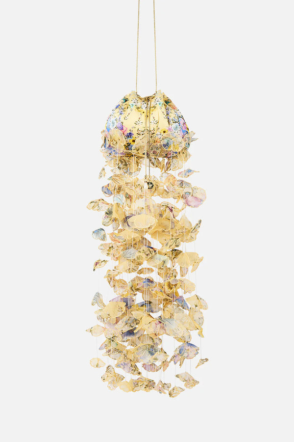 Darling Buds Floral Drawstring Silk Pouch Bag With Floral Fringes in Yellow