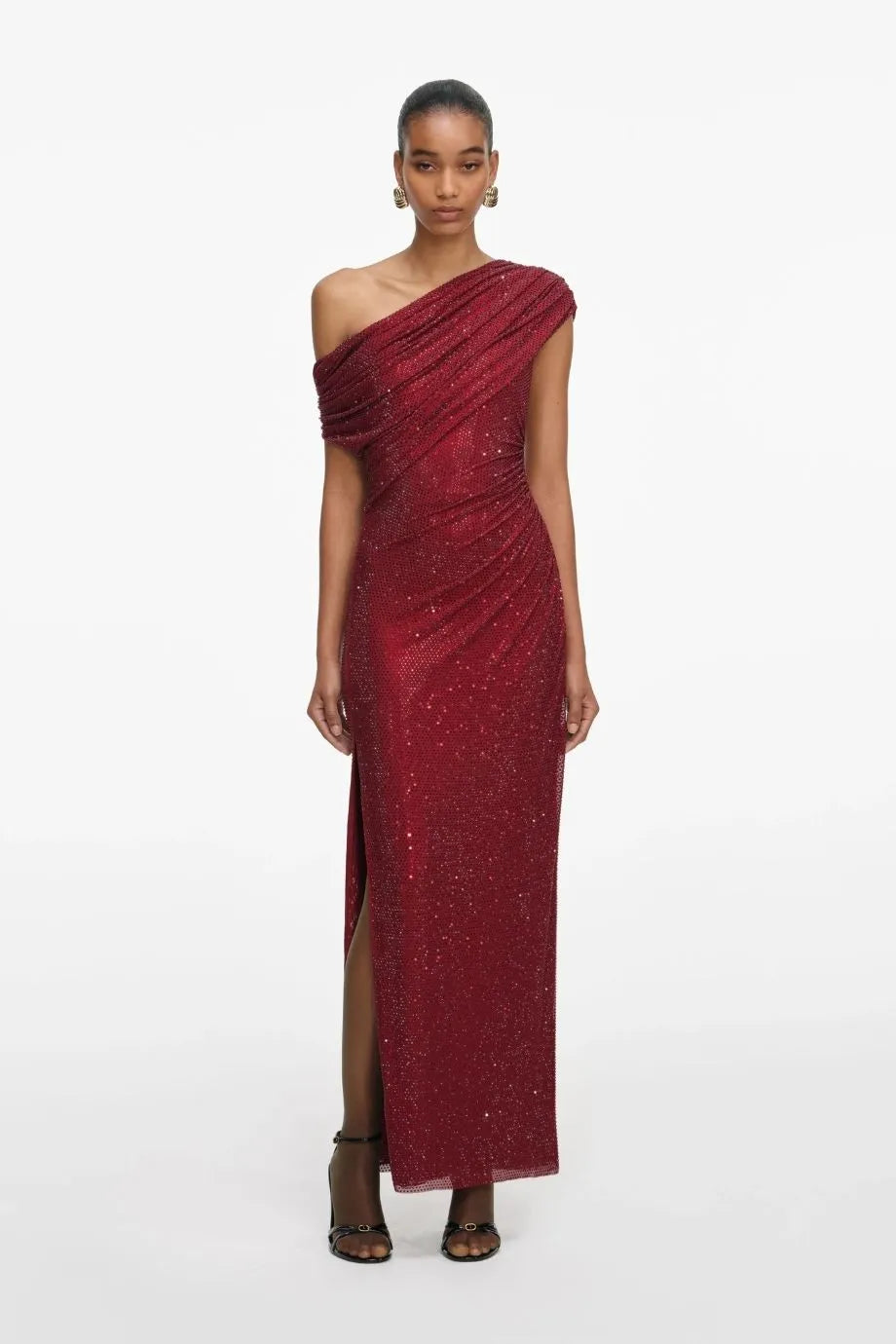 Rhinestone Drape Evening Dress in Burgundy