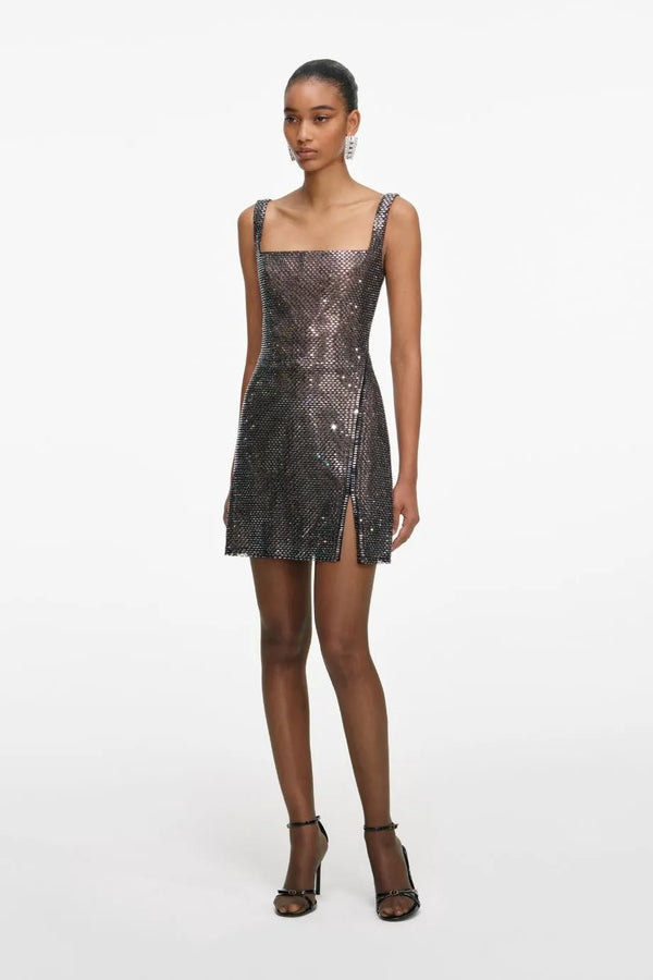 Sleeveless Rhinestone Mesh Evening Dress in Grey