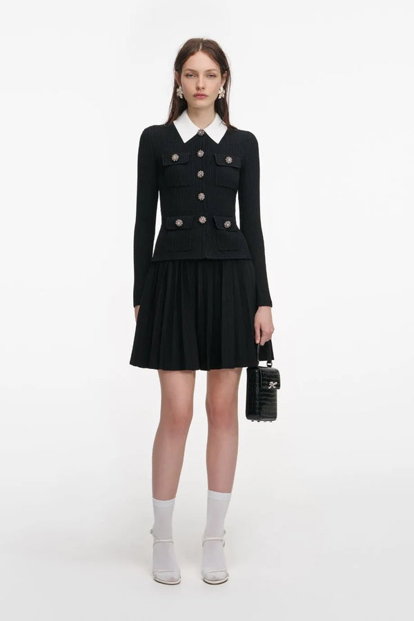 Collared Tailored Knit Mini Dress in Black