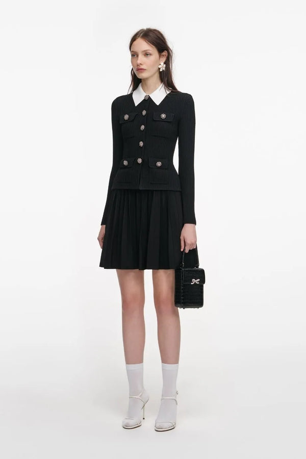 Collared Tailored Knit Mini Dress in Black