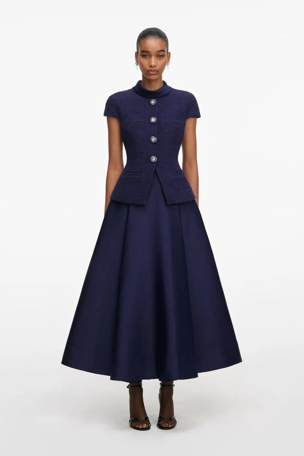 Collared Boucle Taffeta Midi Dress in Blue