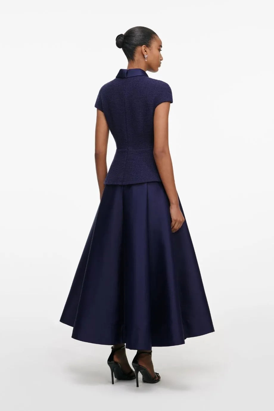 Collared Boucle Taffeta Midi Dress in Blue