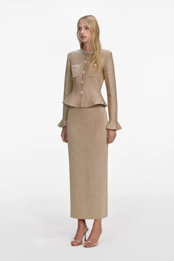 Collared Crystal Trim Knit Midi Dress in Gold