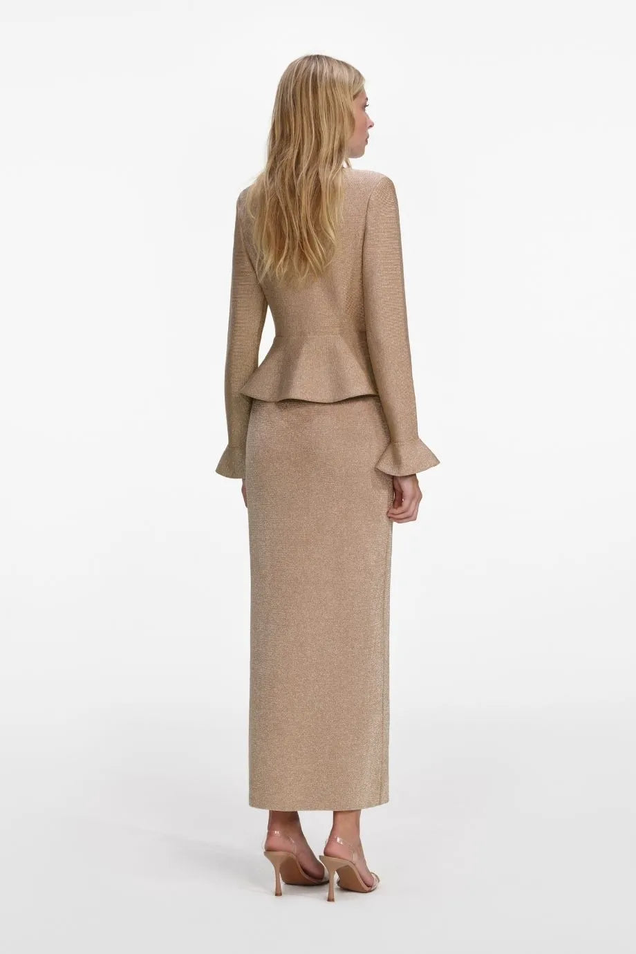 Shop the Collared Crystal Trim Knit Midi Dress in Gold Shop the Collared Crystal Trim Knit Midi Dress in Gold