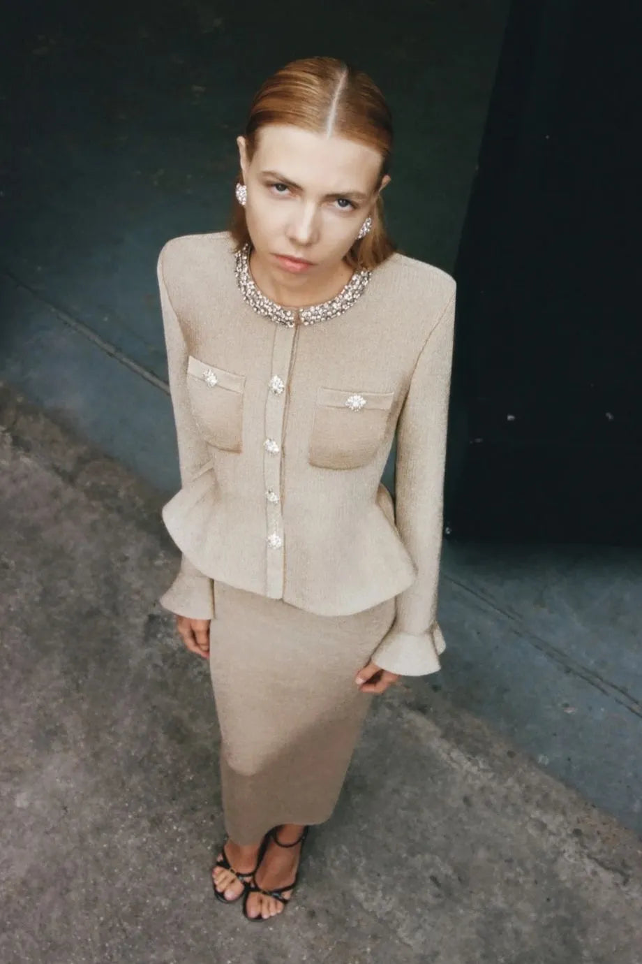 Shop the Collared Crystal Trim Knit Midi Dress in Gold
