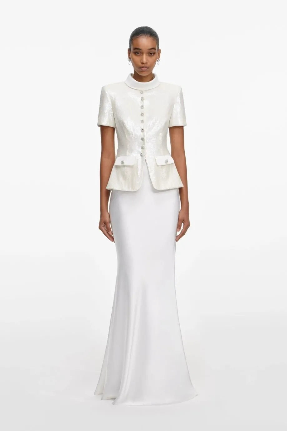 Shop the Collared Sequin Tailored Maxi Dress in White