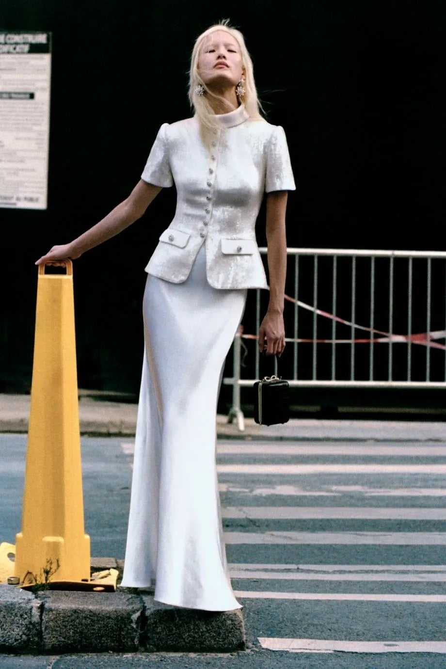 Shop the Collared Sequin Tailored Maxi Dress in White