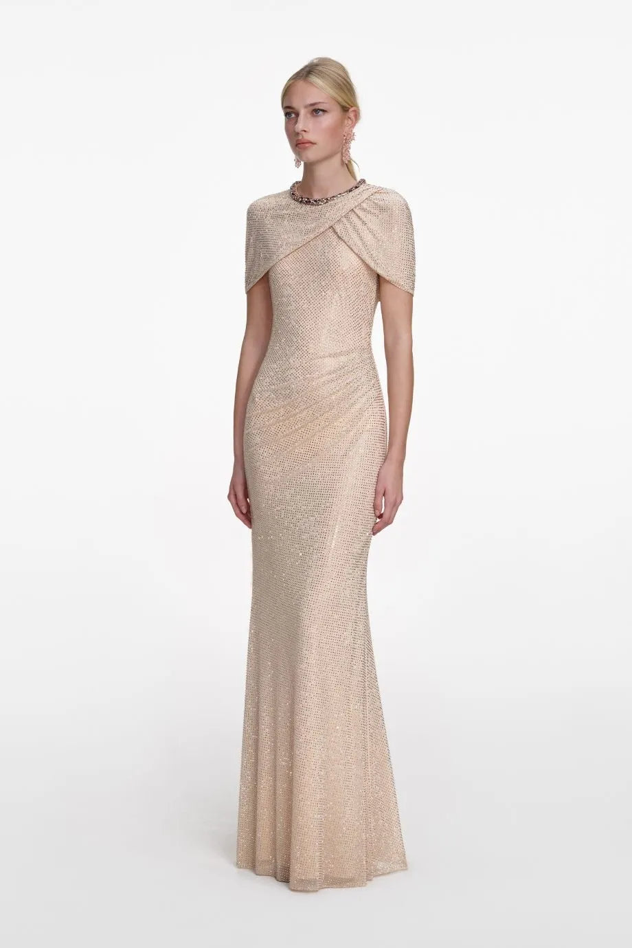 Shop Self Portaits's Rhinestone Evening Dress in Beige Shop Self Portaits's Rhinestone Evening Dress in Beige