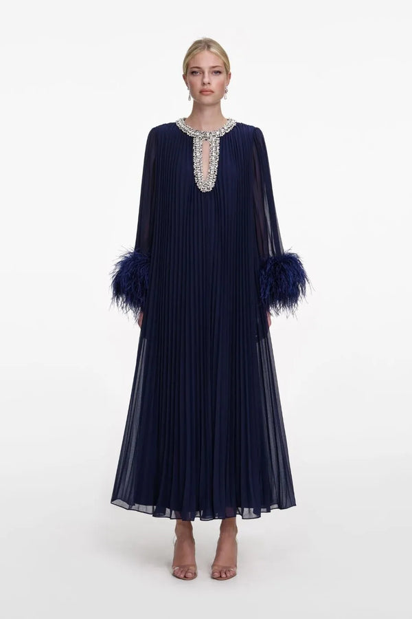 Chiffon Feather Evening Dress in Blue