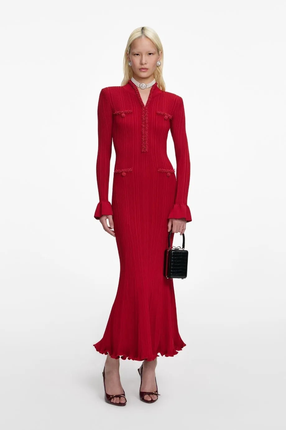 Pearl Trim Knit Midi Dress in Red