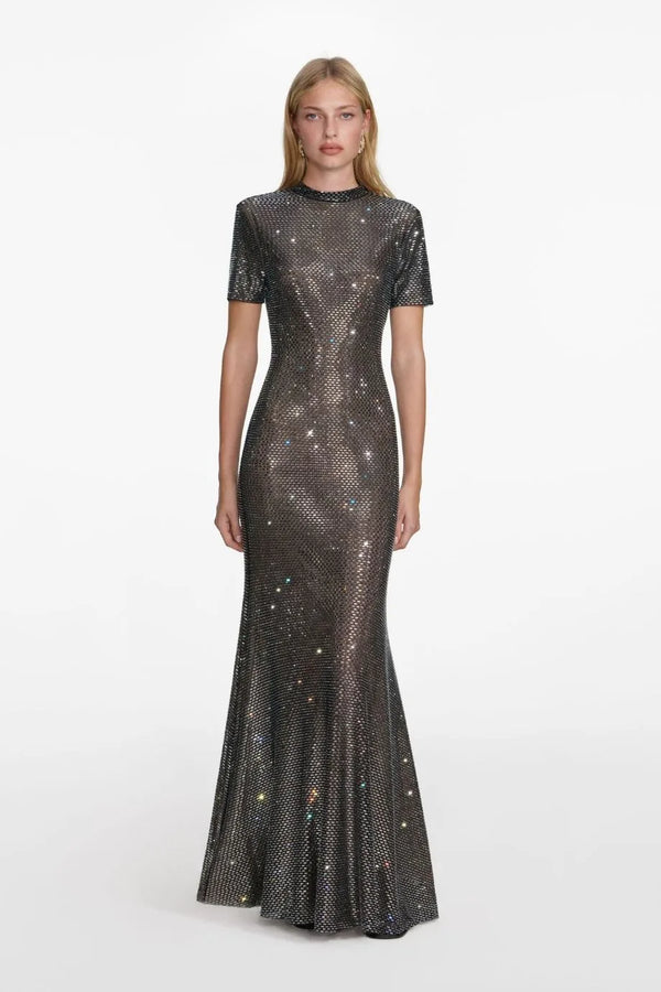 Rhinestone Mesh Evening Dress in Grey