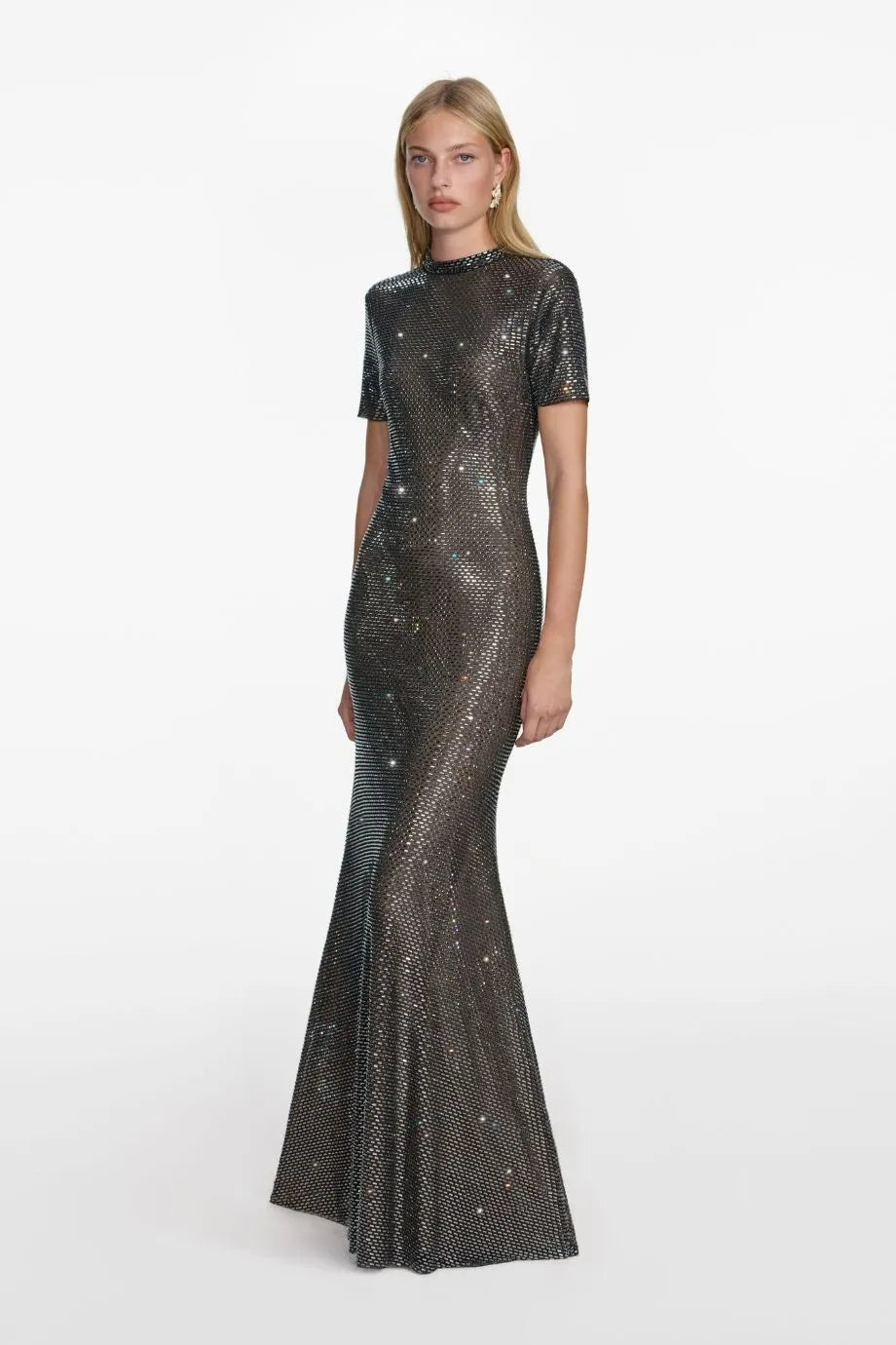 Shop the Rhinestone Mesh Evening Dress in Grey Shop the Rhinestone Mesh Evening Dress in Grey