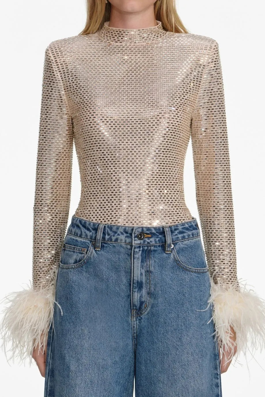 Rhinestone Feather Top in Beige