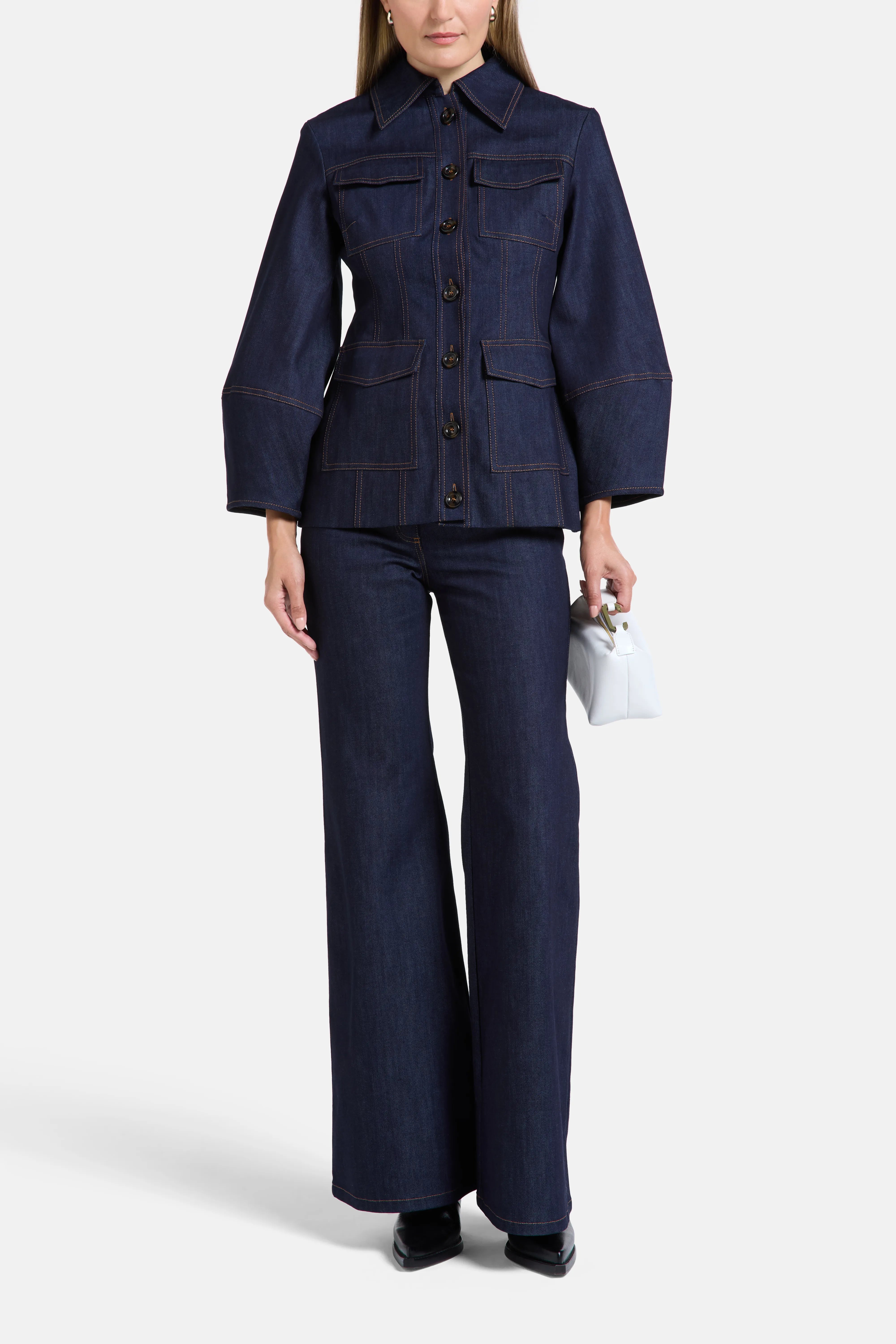 Florence Puff Sleeves Denim Cotton Jacket in Blue