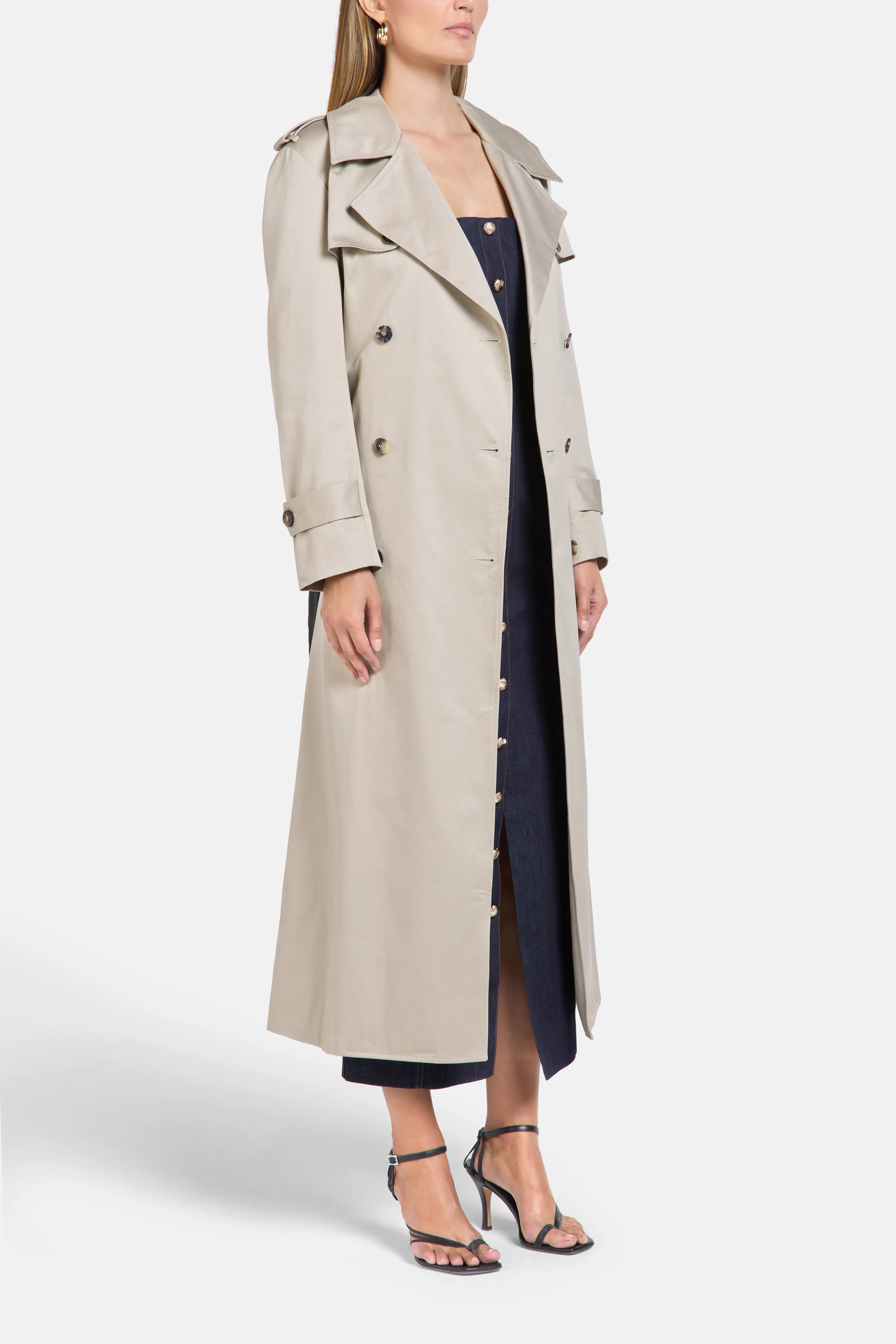Madison Belted Bow Back Cotton Trench Coat in Beige and Black