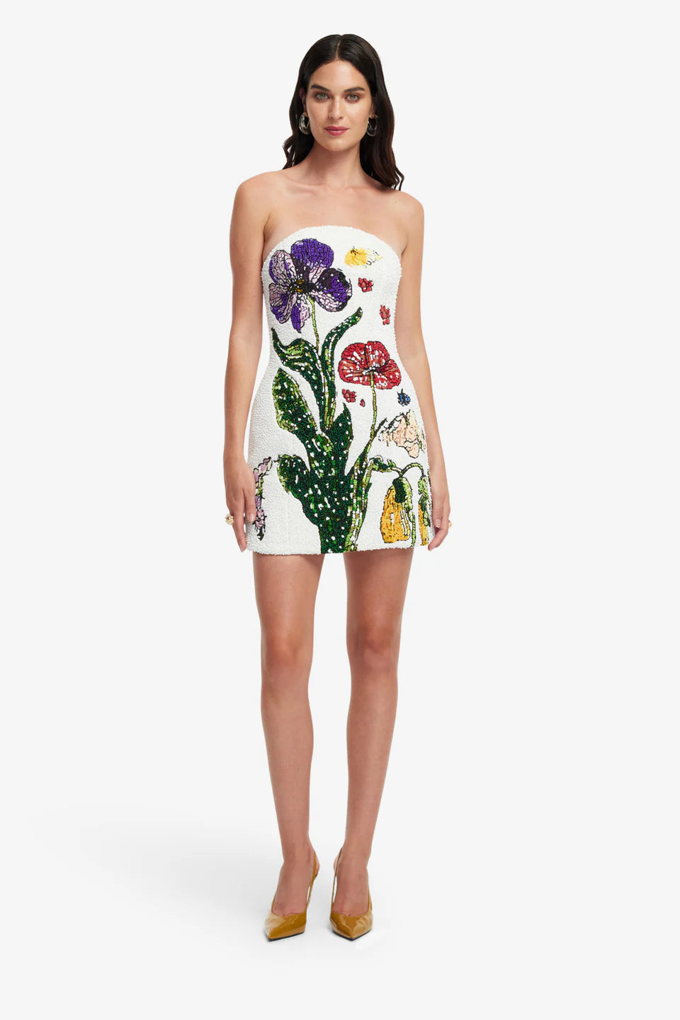 Rosario Beaded Wildflowers Floral Mini Dress in White