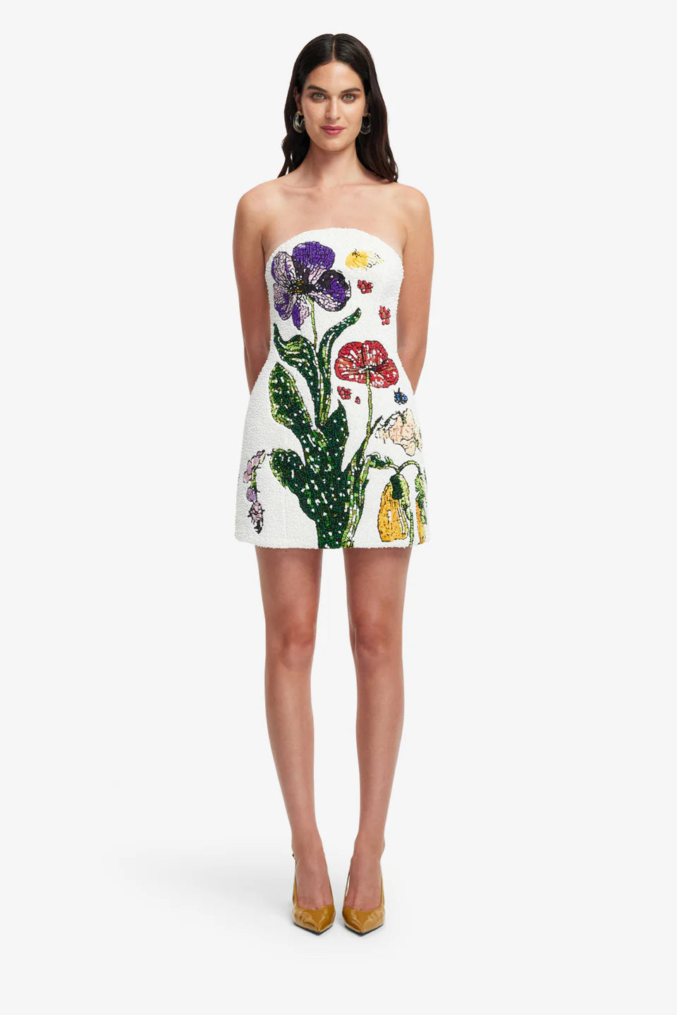 Rosario Beaded Wildflowers Floral Mini Dress in White