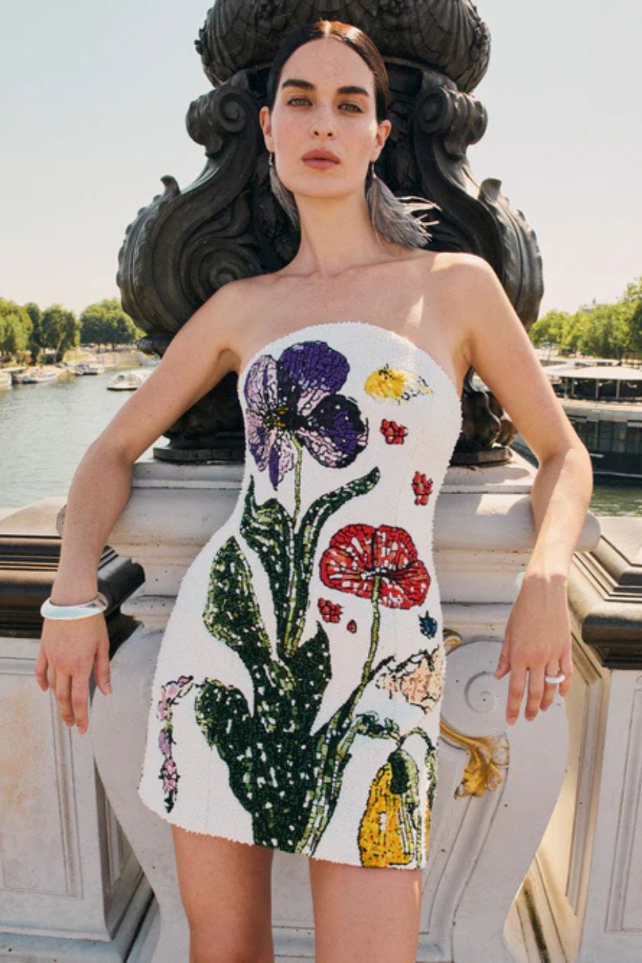 Rosario Beaded Wildflowers Floral Mini Dress in White