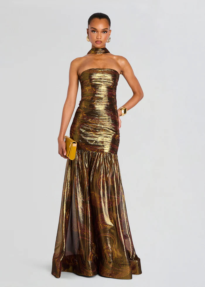 Shop the Syden Evening Dress in Gold With Scarf Shop the Syden Evening Dress in Gold With Scarf