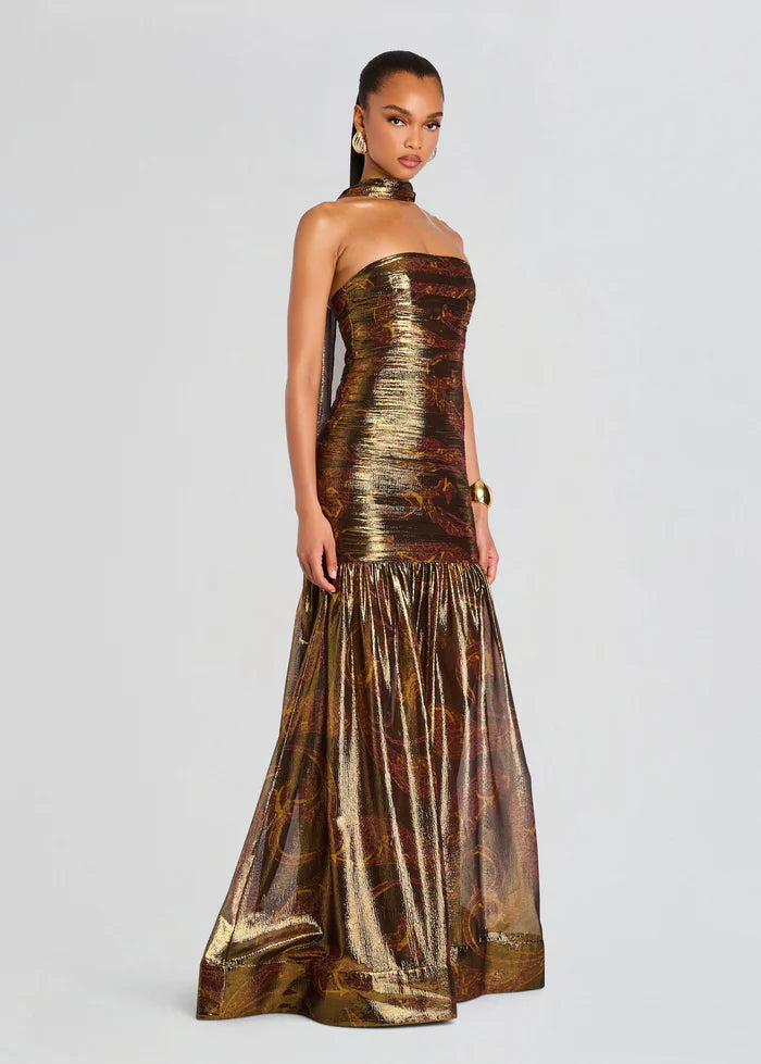 Shop the Syden Evening Dress in Gold With Scarf Shop the Syden Evening Dress in Gold With Scarf