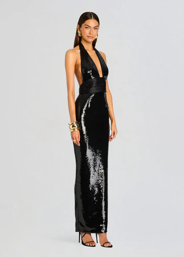 Kelsie Sequins Halter Neck Evening Dress in Black