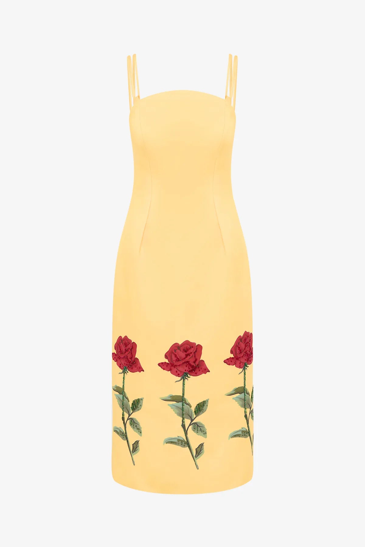 Polina Embellished Rose Sleeveless Midi Dress in Beige
