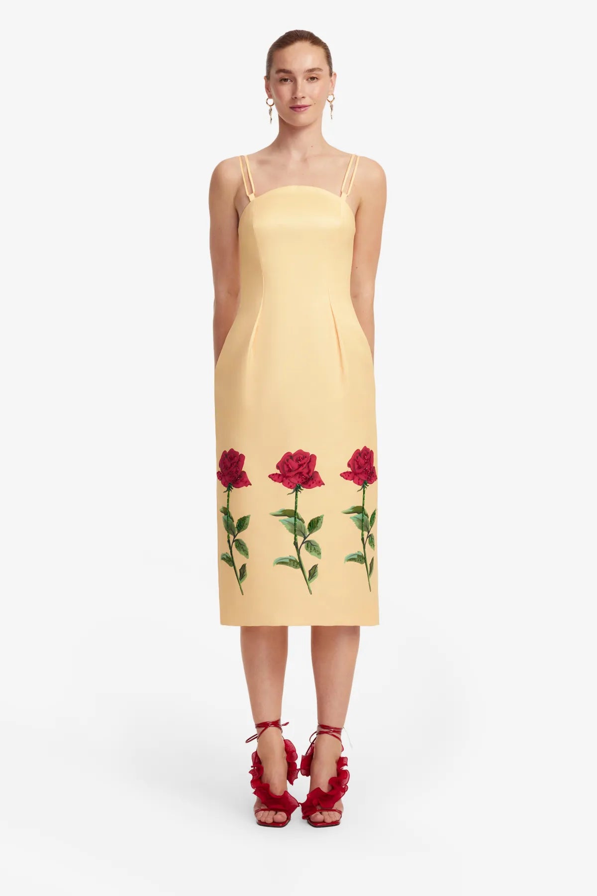 Polina Embellished Rose Sleeveless Midi Dress in Beige