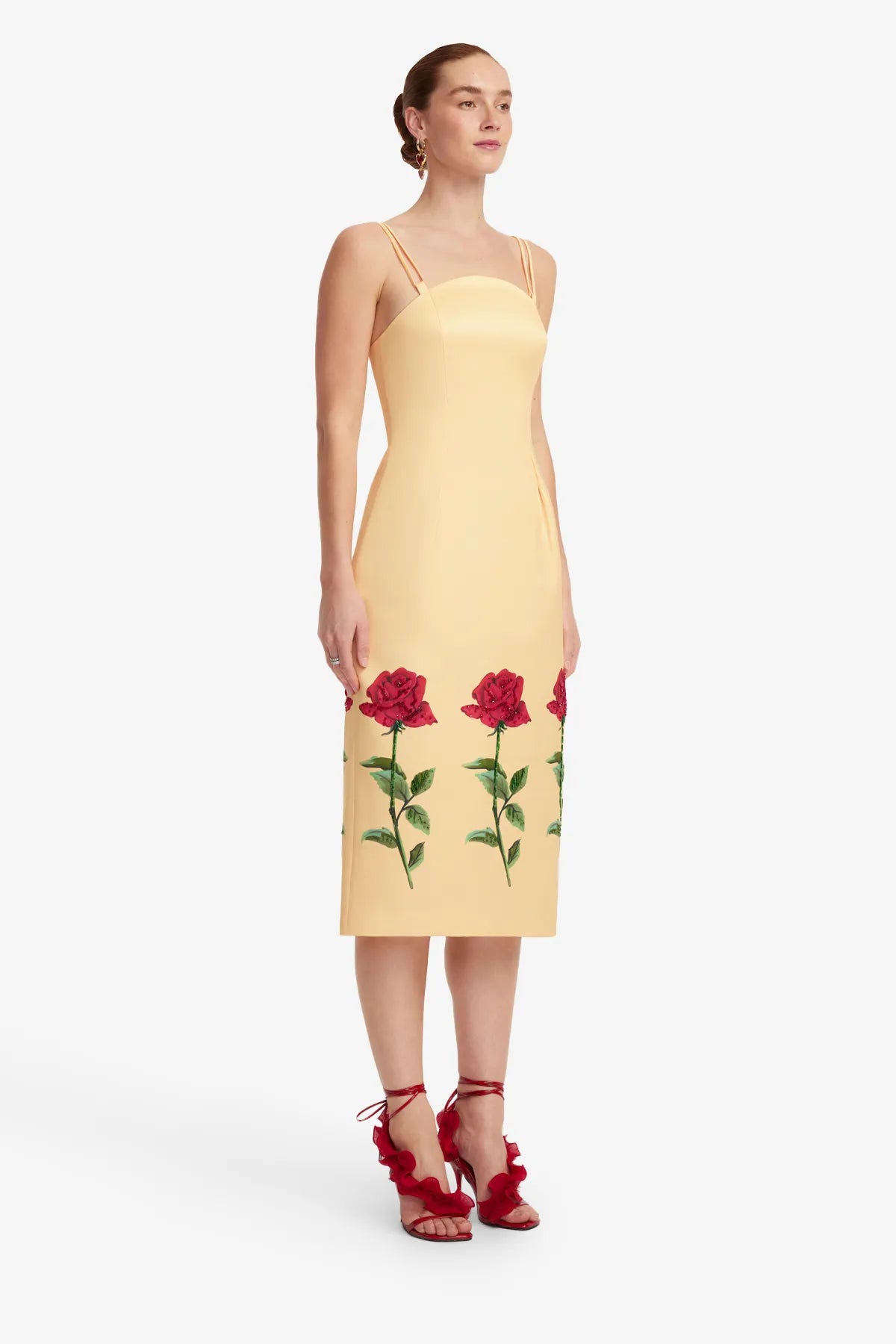 Polina Embellished Rose Sleeveless Midi Dress in Beige