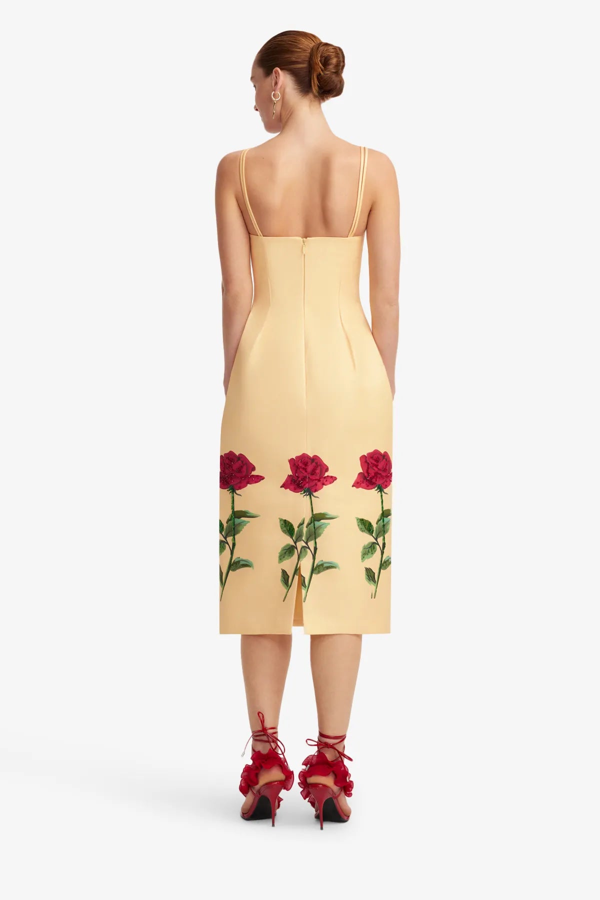 Polina Embellished Rose Sleeveless Midi Dress in Beige