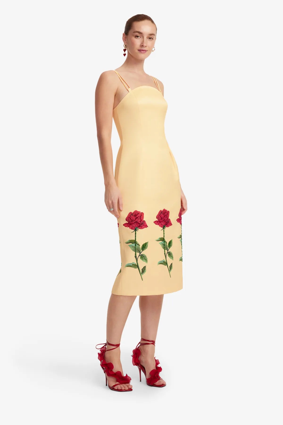 Polina Embellished Rose Sleeveless Midi Dress in Beige