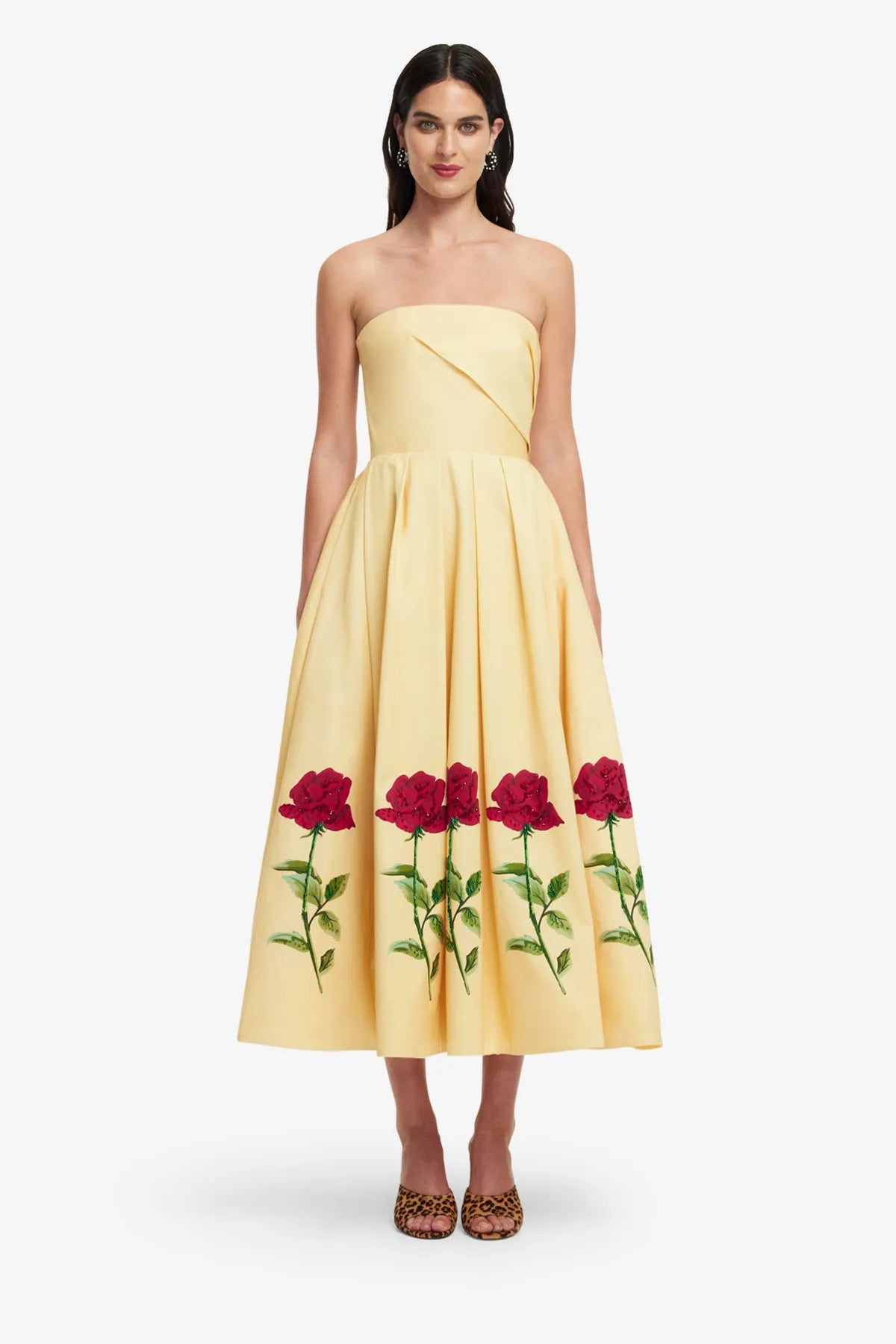 Lynn Embellished Rose Sleeveless Bustier Cotton Midi Dress in Beige