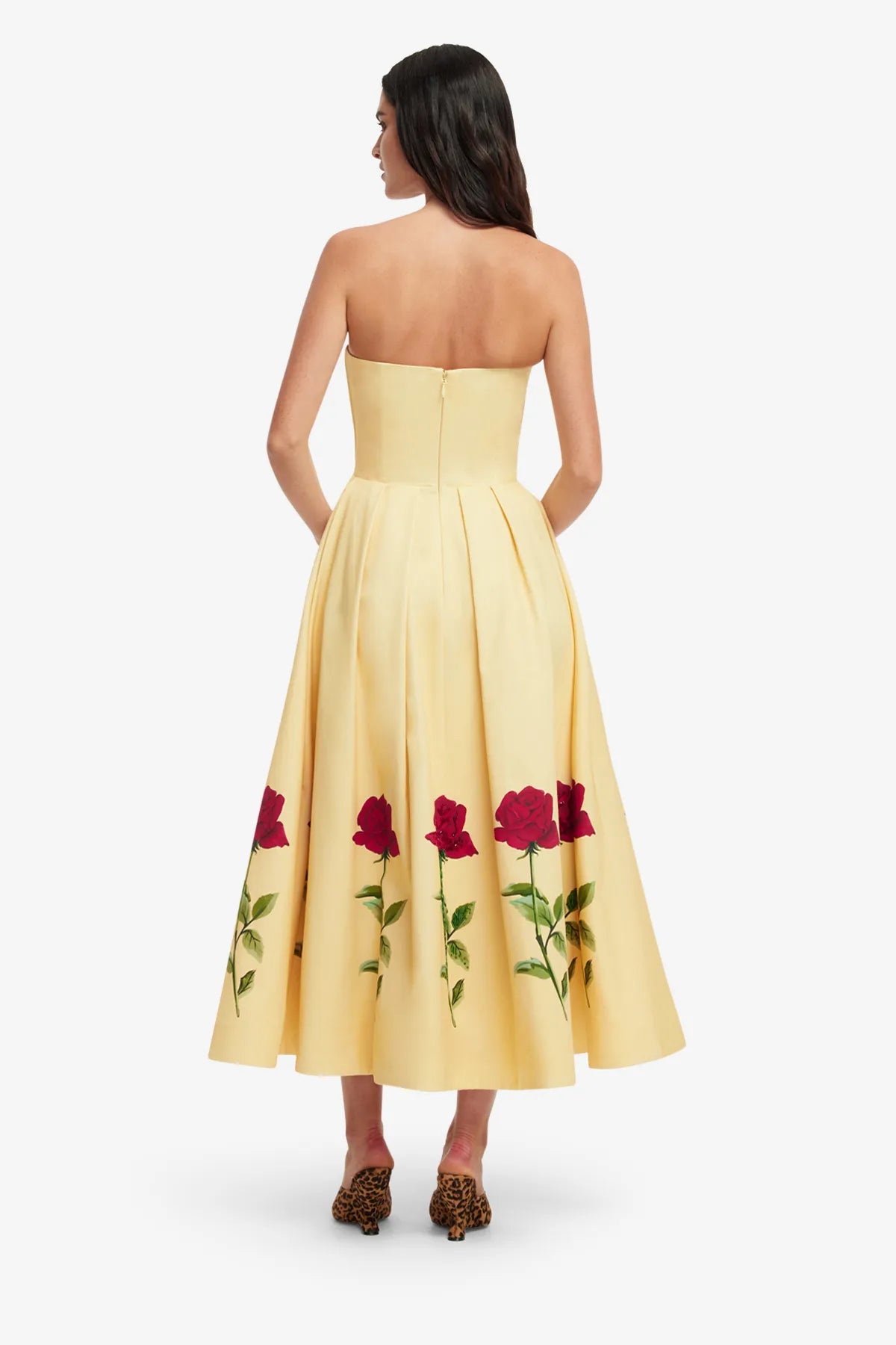Lynn Embellished Rose Sleeveless Bustier Cotton Midi Dress in Beige