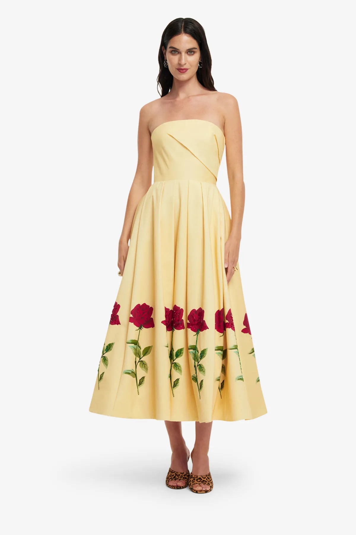 Lynn Embellished Rose Sleeveless Bustier Cotton Midi Dress in Beige