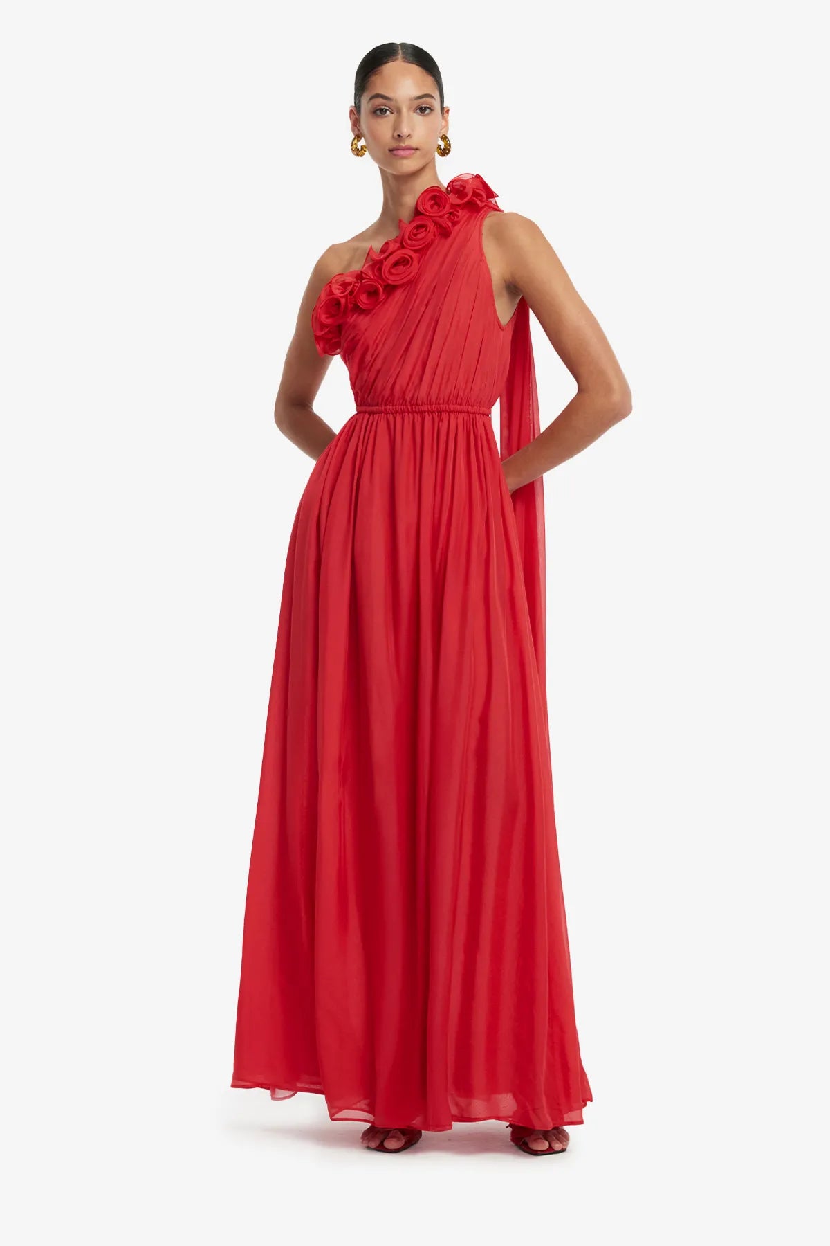 Jenni One Shoulder Silk Maxi Dress in Red