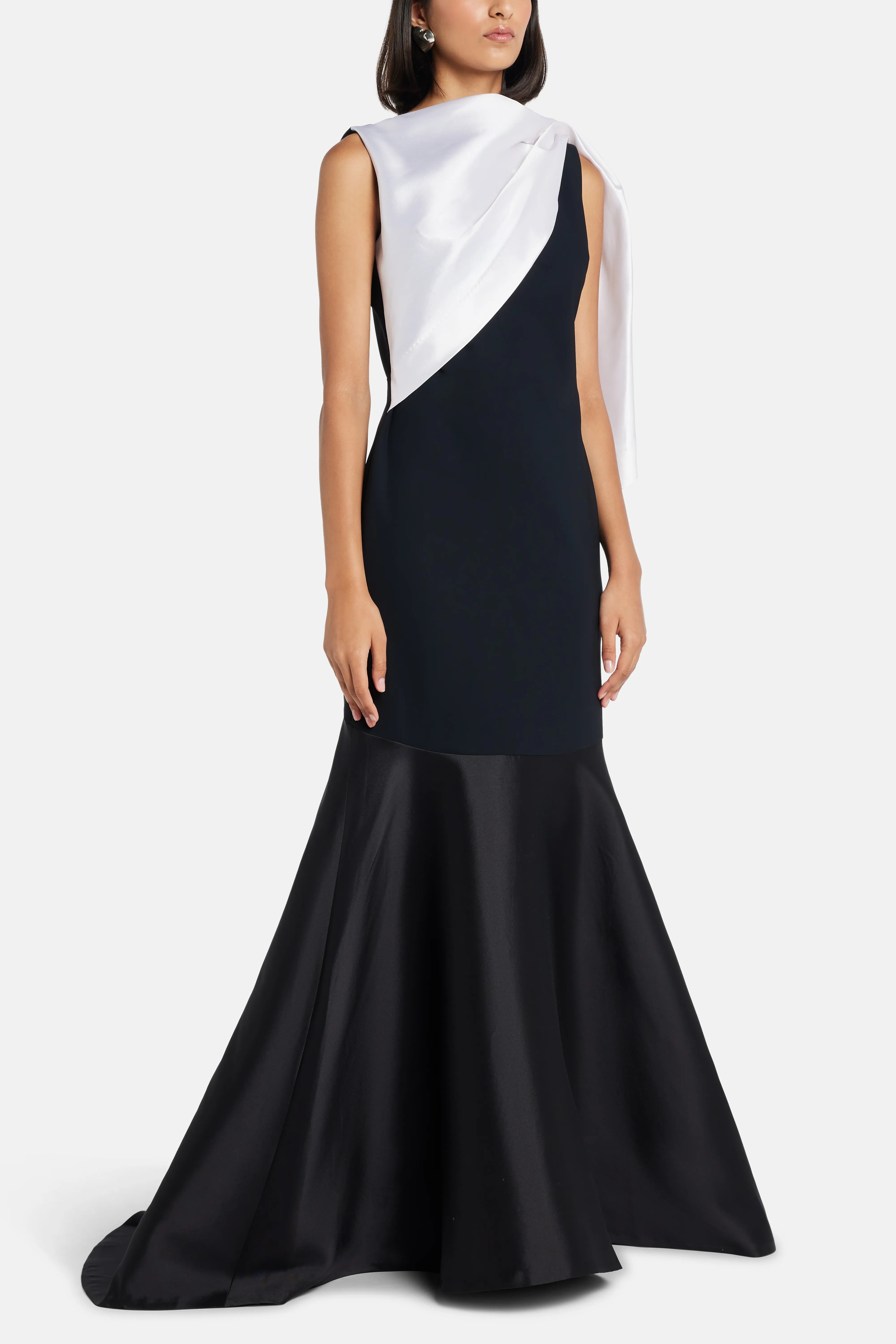 Draped Neckline Sleeveless Evening Gown in Black and White with Contrast Flounce