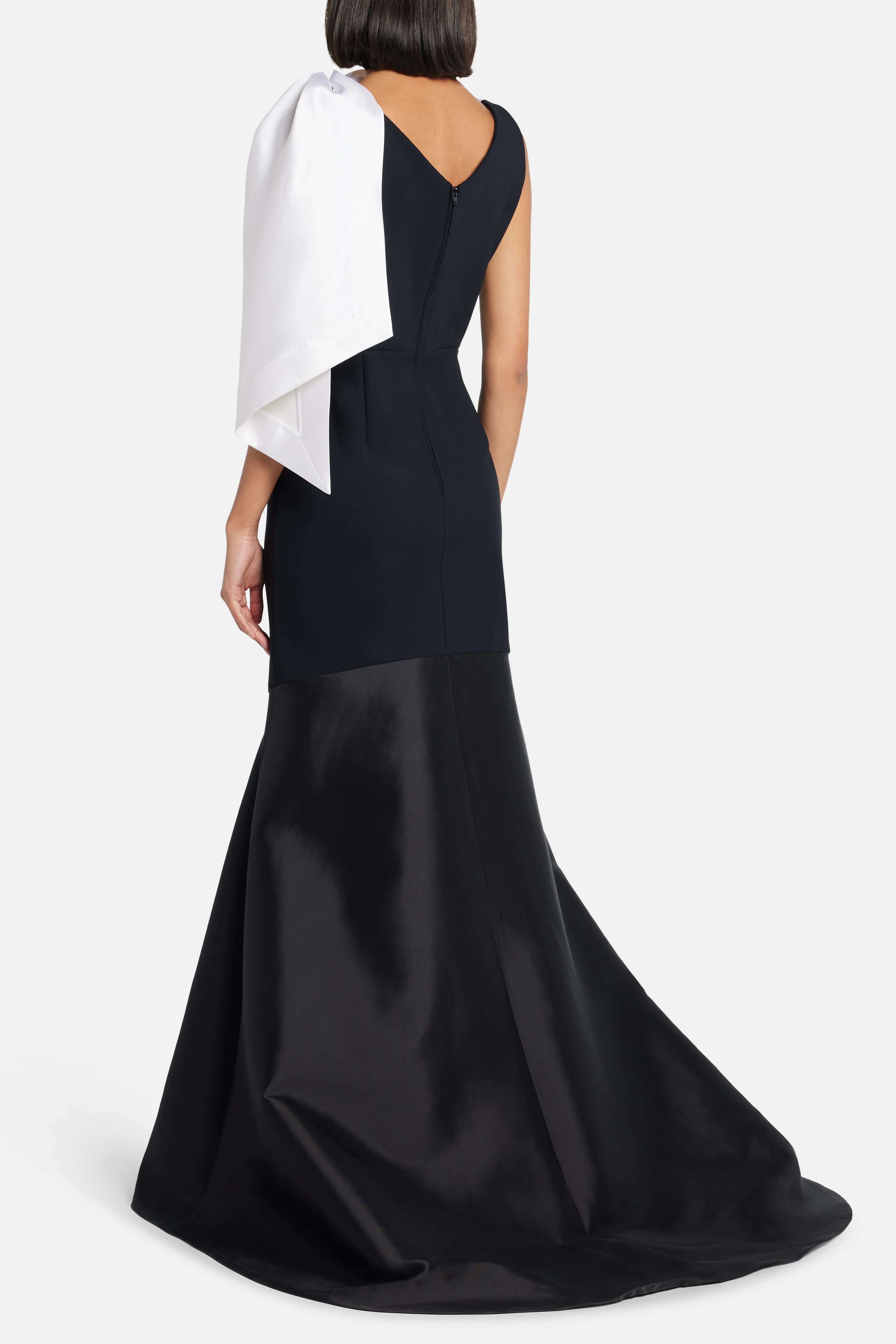 Draped Neckline Sleeveless Evening Gown in Black and White with Contrast Flounce
