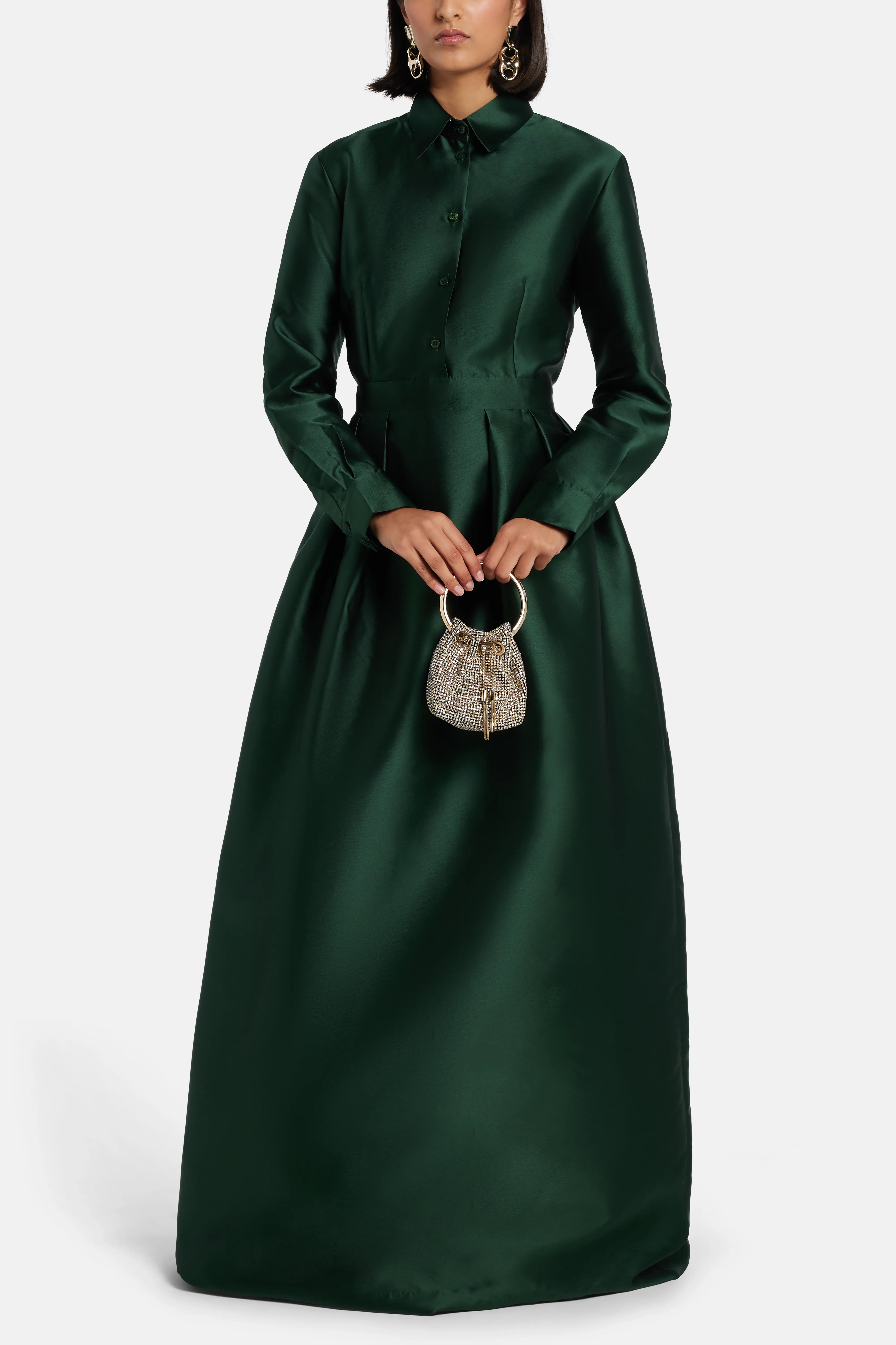 Trompe Loeil Shirt Evening Gown in Green with Button Placket