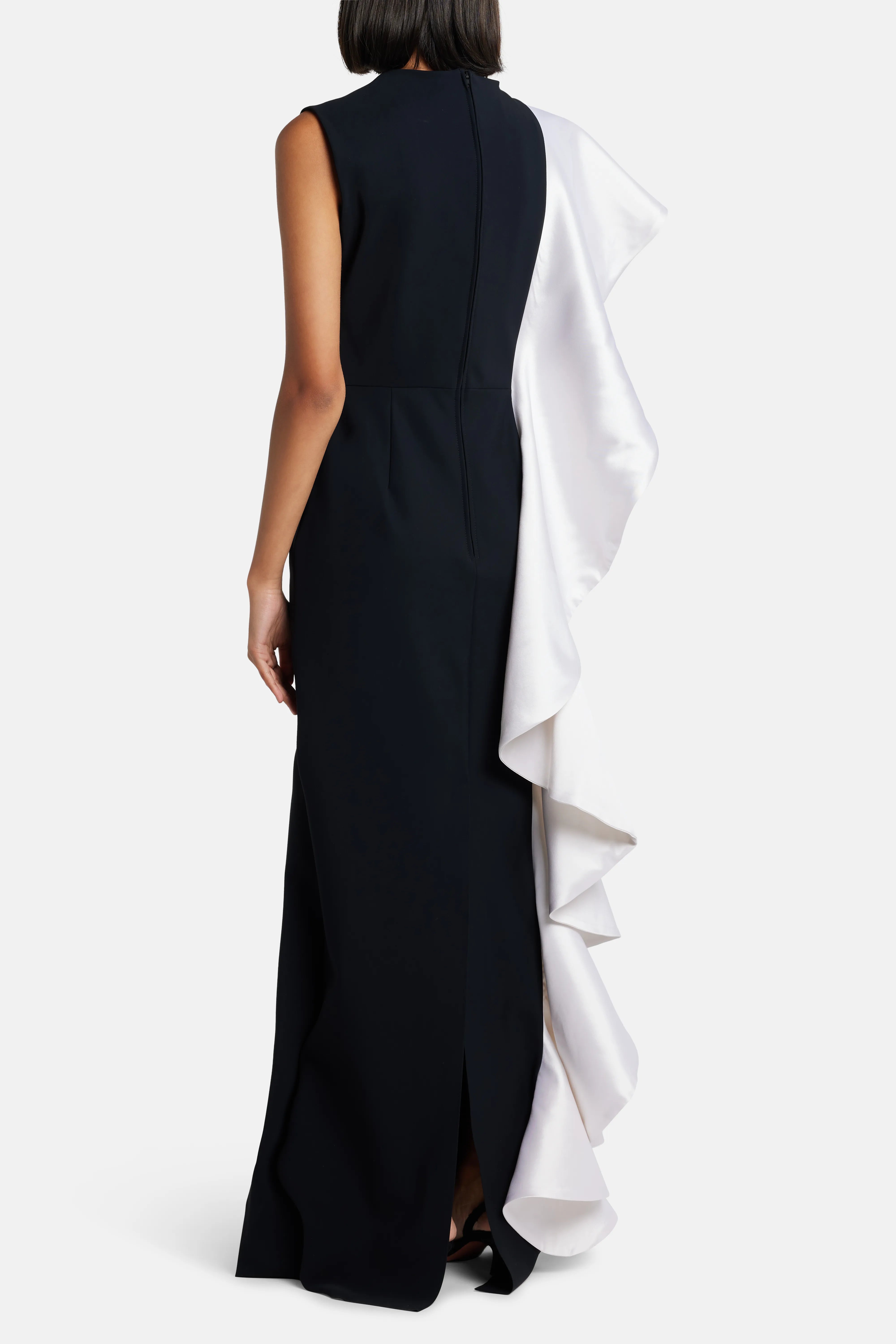 Ruffle Trim Sleeveless Evening Gown in Black and White