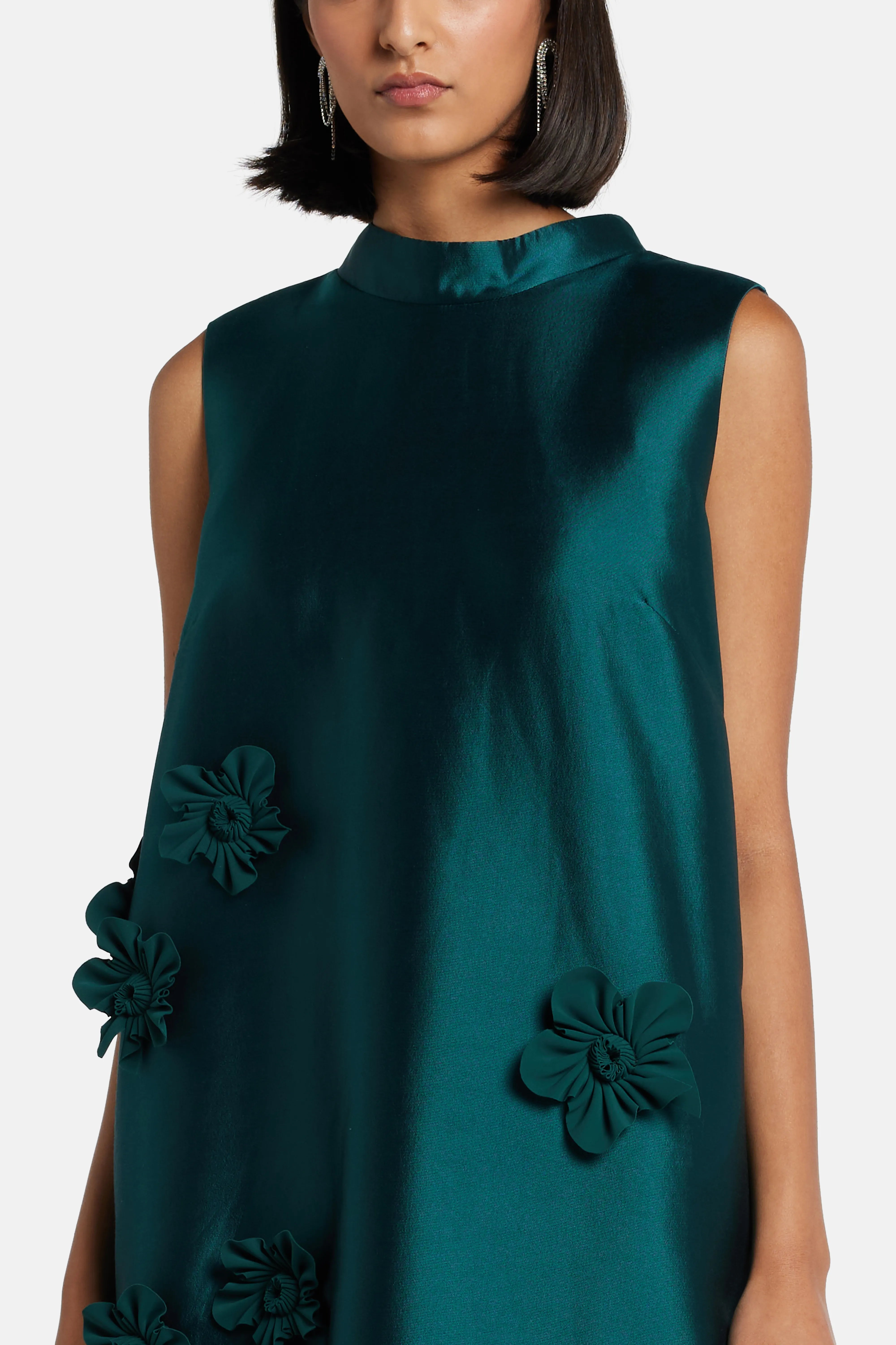 A-Line Floral Applique Sleeveless Silk Evening Gown in Green