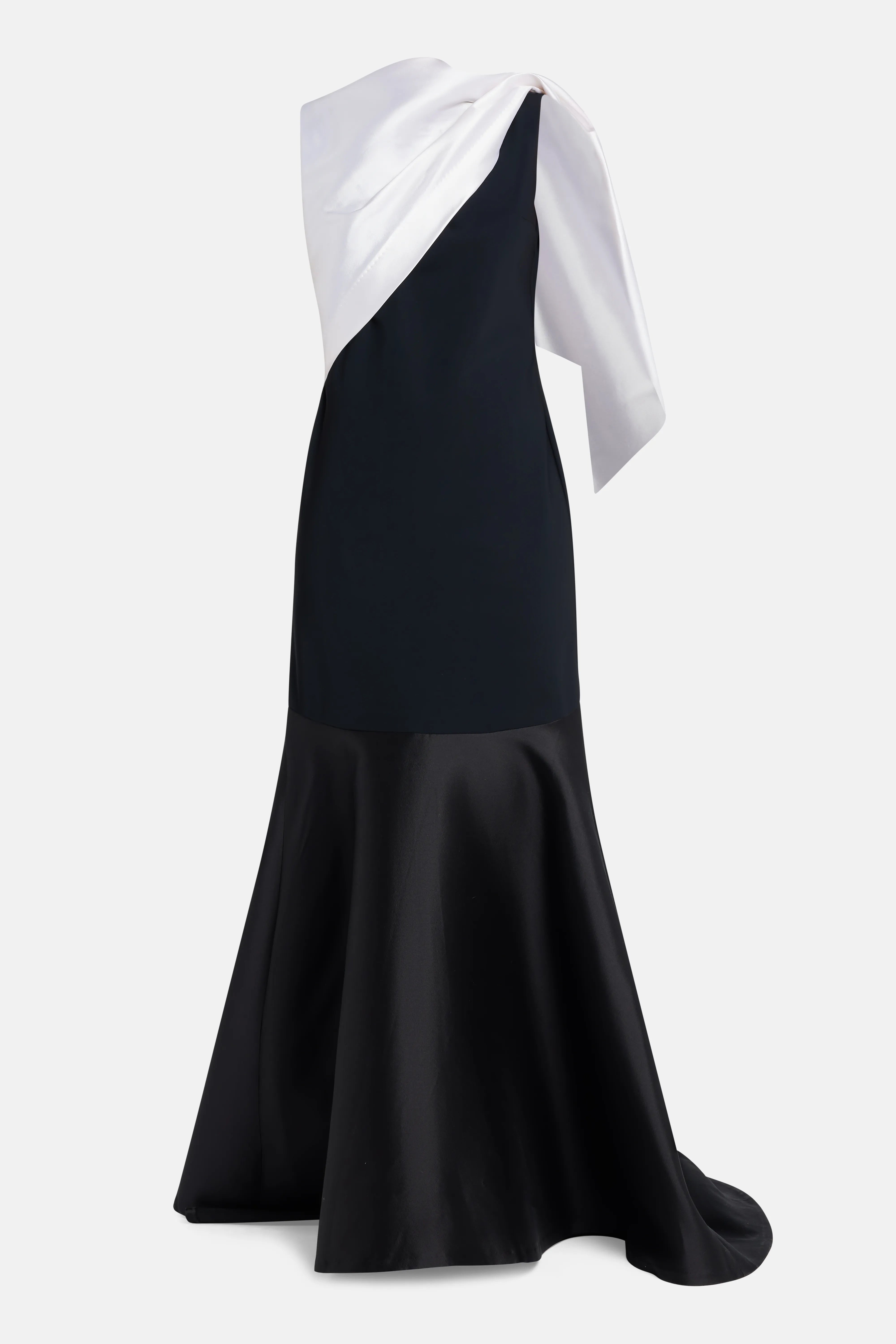Draped Neckline Sleeveless Evening Gown in Black and White with Contrast Flounce