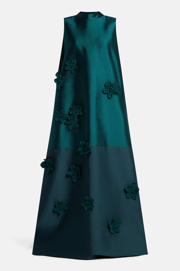 A-Line Floral Applique Sleeveless Silk Evening Gown in Green