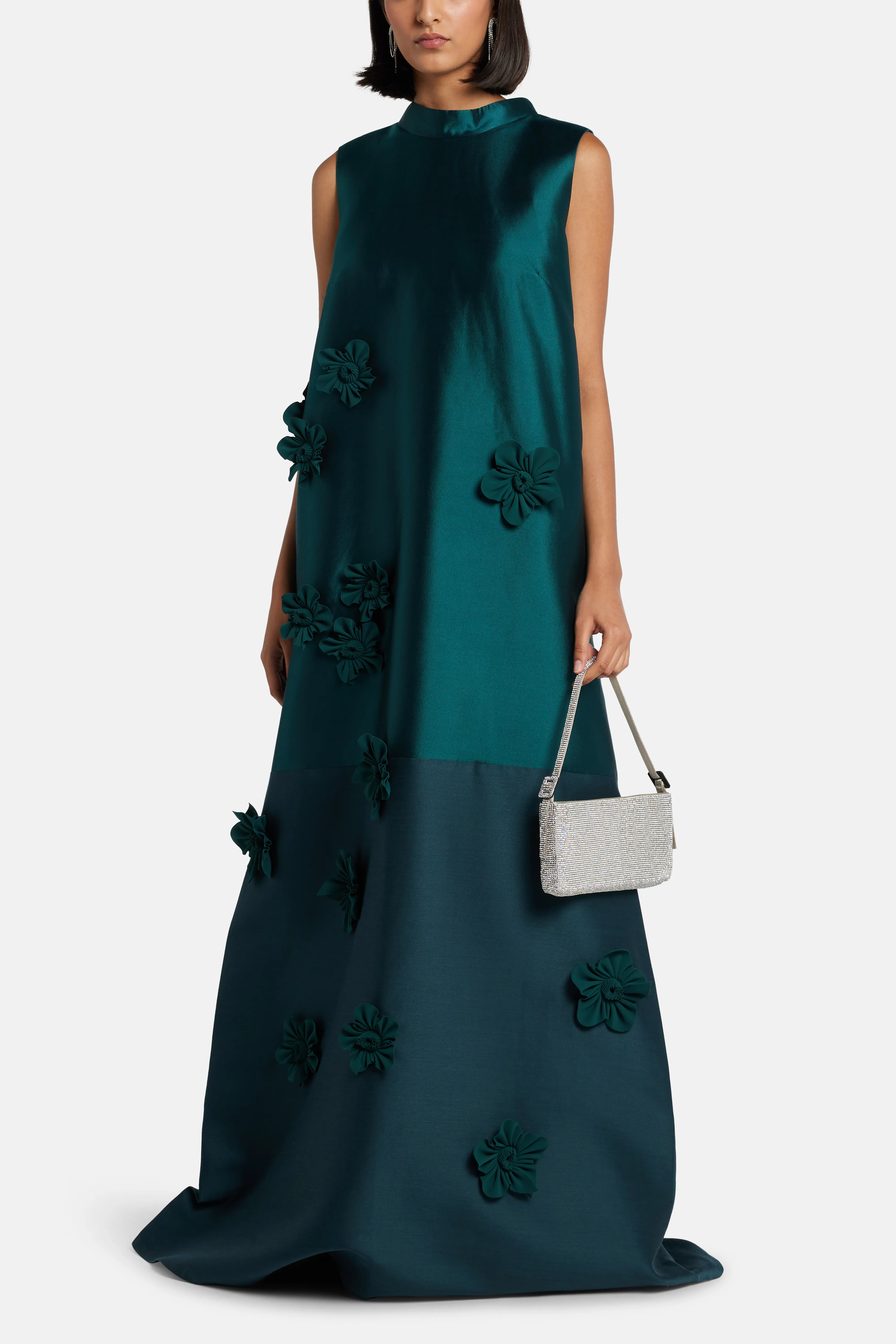 A-Line Floral Applique Sleeveless Silk Evening Gown in Green