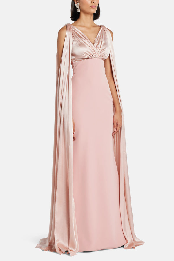 Aiman V Neck Cape Sleeves Evening Gown in PInk