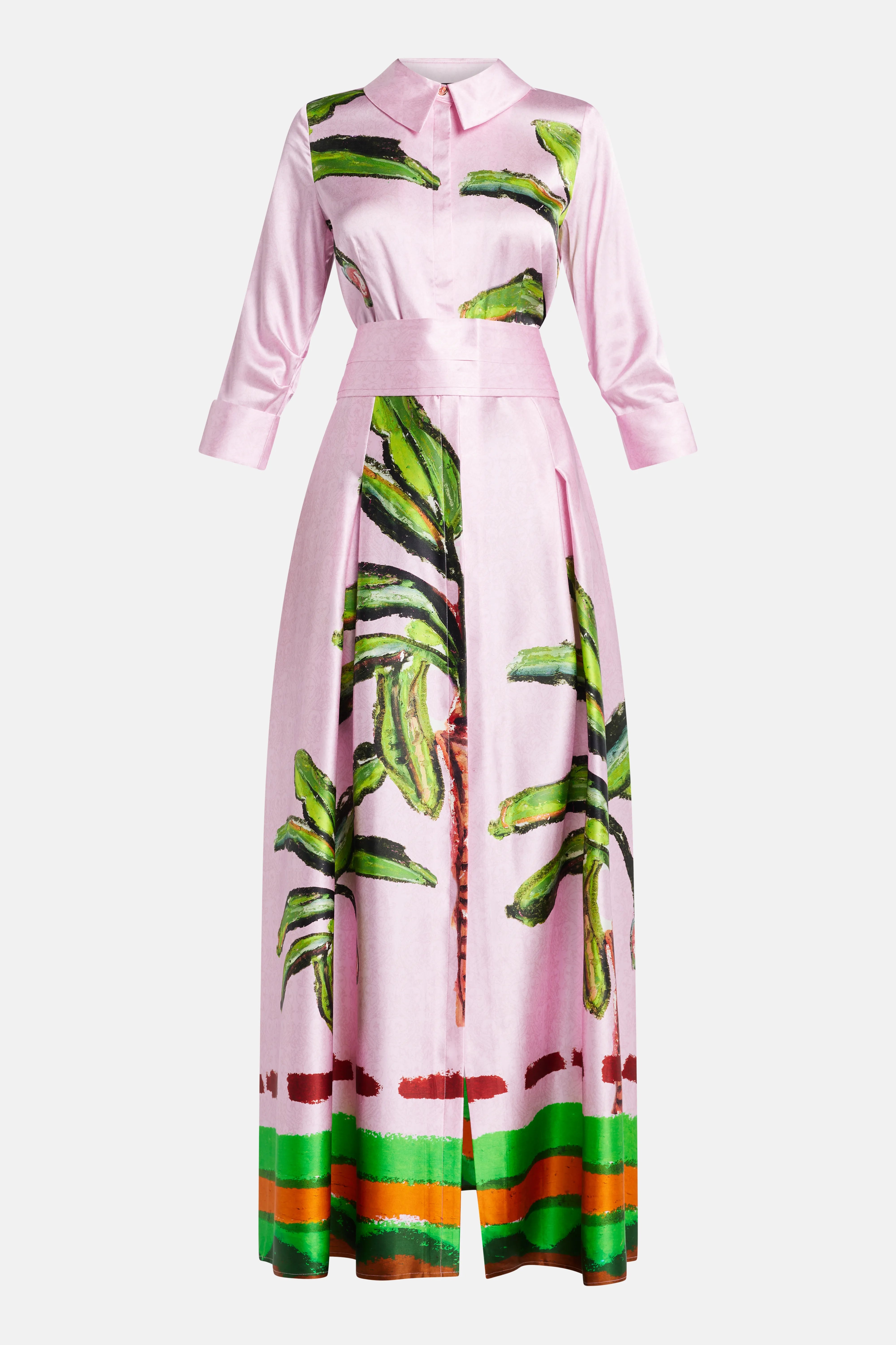 Kumulau Belted Silk Shirt Maxi Dress in Pink