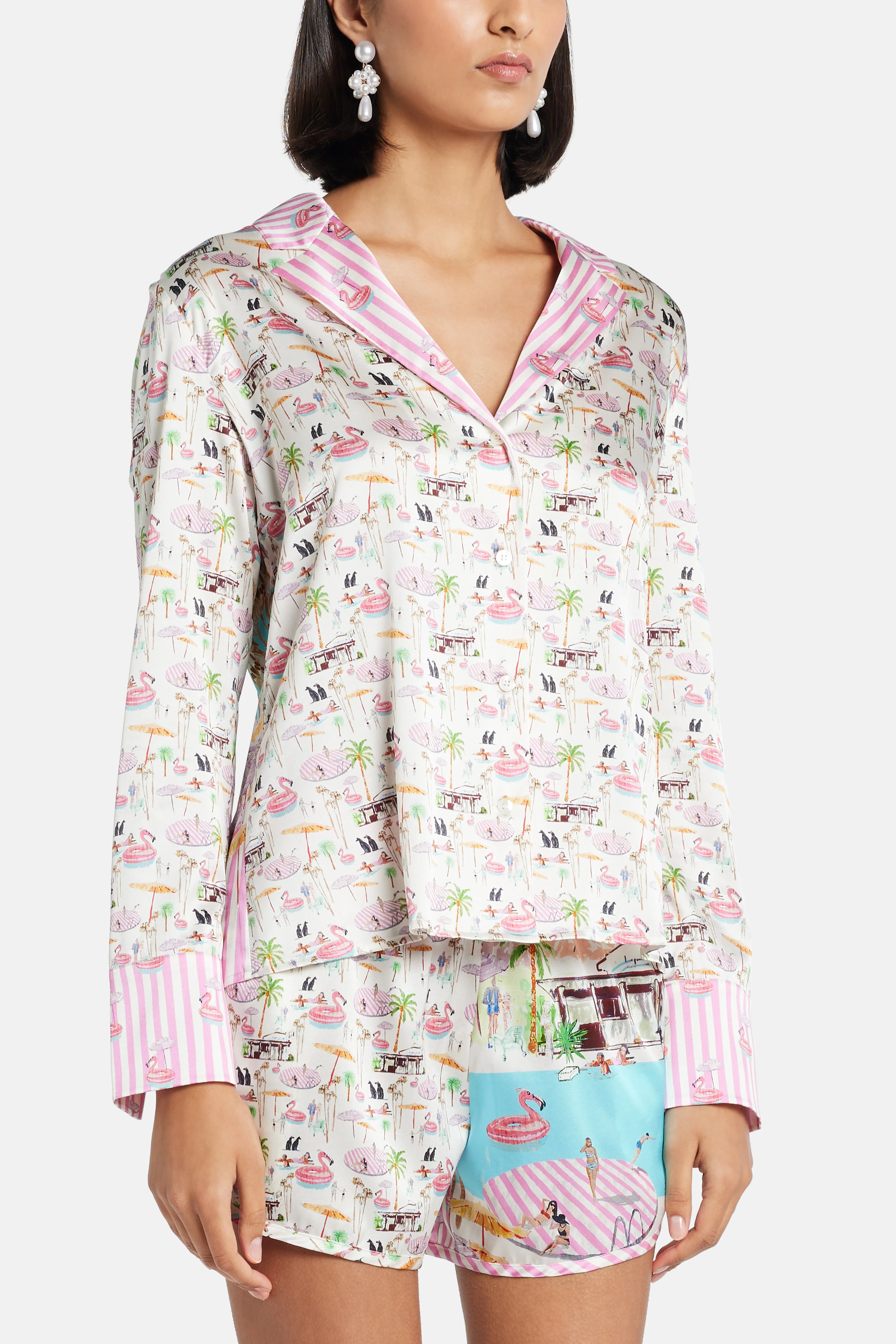 Flamingo Club V-Neck Silk Top in Pink